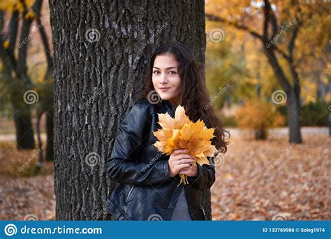 Pretty Woman Posing With Maple S Leaves In Autumn Park Near Big Tree