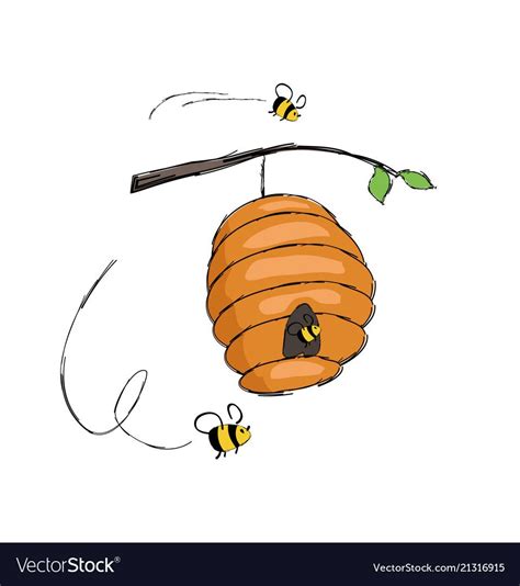 Bees Flying Into Hive Hanging On Tree Branch Vector Illustration