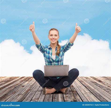 Smiling Woman With Laptop And Showing Thumbs Up Stock Image Image Of