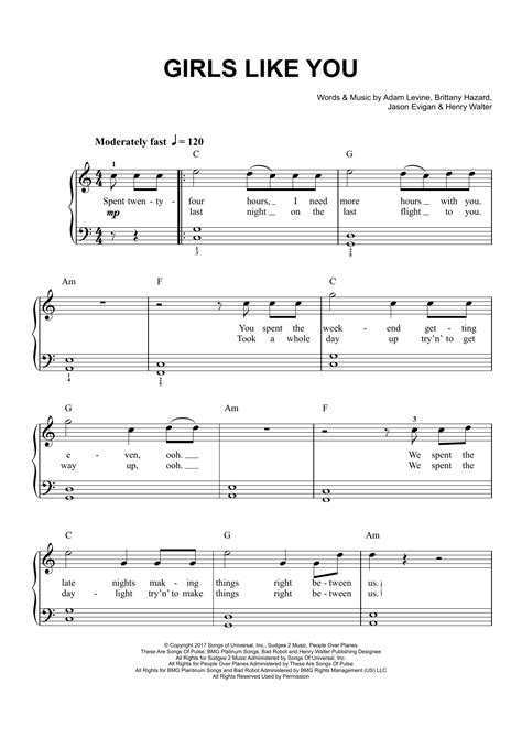 Girls Like You Sheet Music By Maroon 5 For Piano Keyboard Noteflight
