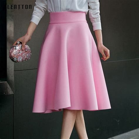 2018 New High Quality High Waist Pleat Elegant Skirt White Knee Length Flared Skirts Fashion