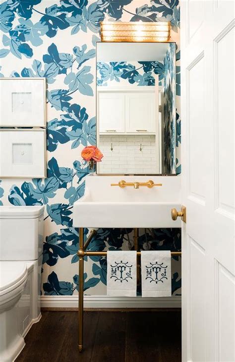 Blue Grasscloth Wallpaper With Gold Ornate Mirror Transitional Bathroom