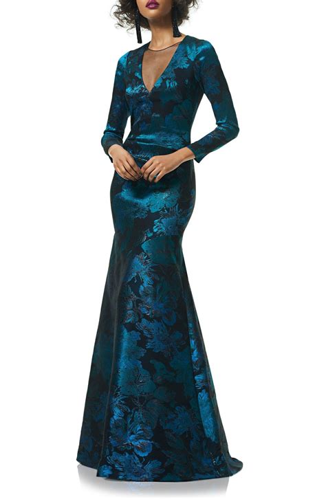 Metallic Floral Jacquard Mermaid Gown Floral Evening Dresses Blue Evening Gowns Floral Gown
