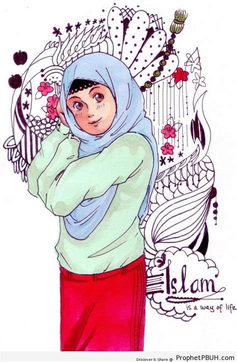 Islam Is A Way Of Life Poster With Anime Muslimah Drawing Islam Is