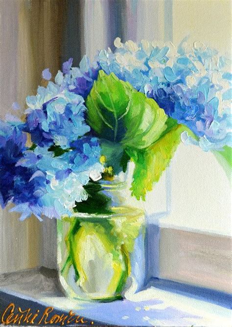 Floral Art Print Of Blue Hydrangea Shabby Chic Still Life Painting In
