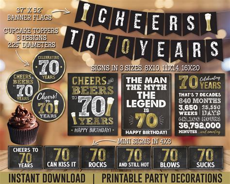 70th Birthday Party Decorations For Men Printable Cheers And Etsy