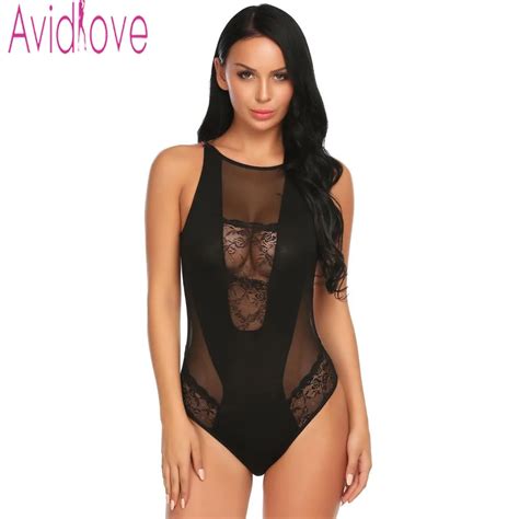 Avidlove Sexy Lace Bodysuits Women Backless Mesh Hollow Out Semi Sheer Jumpsuits Deep V Neck