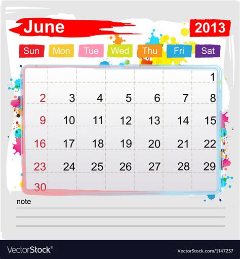 Calendar June 2013 Royalty Free Vector Image Vectorstock