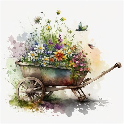 Garden Treasure Watercolor Wheelbarrow Brimming With Spring Flowers
