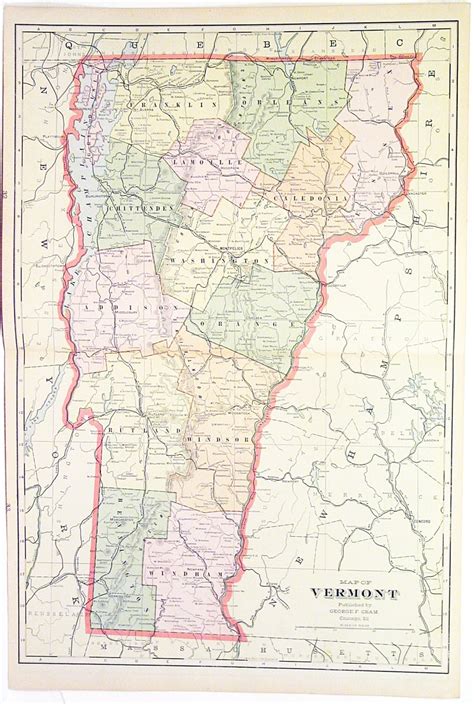 Original C1890s Color Atlas Map Of The State Of Vermont By