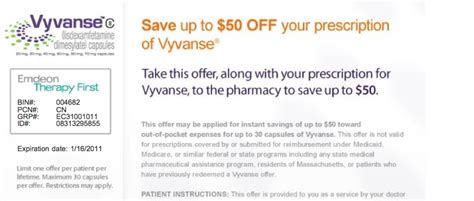 This vyvanse coupon is accepted at walmart, walgreens, cvs, riteaid and 59,000 other average discounts are 55% off your prescription purchases. Vyvanse coupon $15 - COUPON