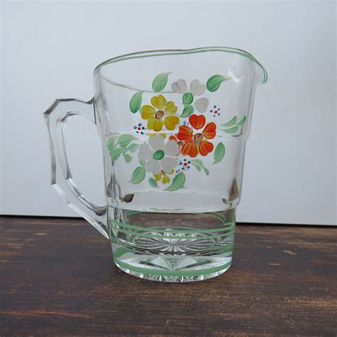 Vintage 1950s Hand Painted Glass Pitcher Jug Floral Retro Water Jug