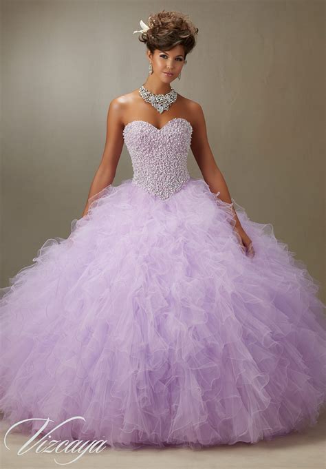 Quinceanera Dress 89077 Pearl Beaded Bodice On A Ruffled Tulle Ball Gown Quíncєαñєrα Purple