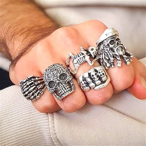 Gothic Skull Silver Adjustable Ring For Men Skeleton Ring Hand Etsy