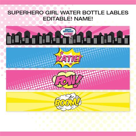 Superhero Girl Water Bottle Labels Editable Name 4 Designs