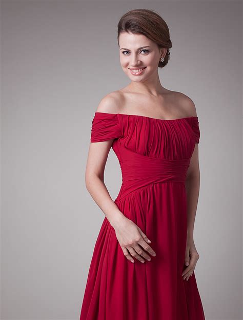 Red Wine Ruched Chiffon Mother Of The Bride Dress With Off The Shoulder