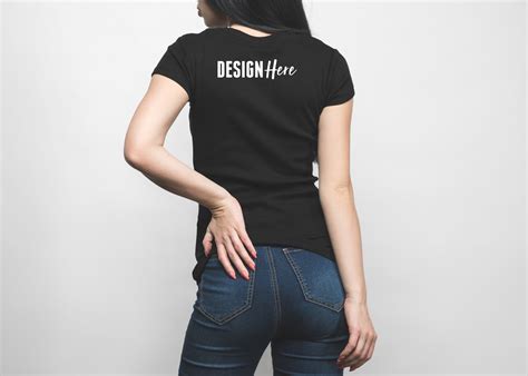 Back Tshirt Mockup On Female Model Psd Template