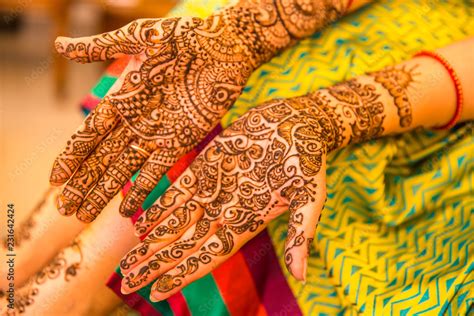 Mehndi Hands Of An Indian Bride Tattooed With Natural And Local Dye