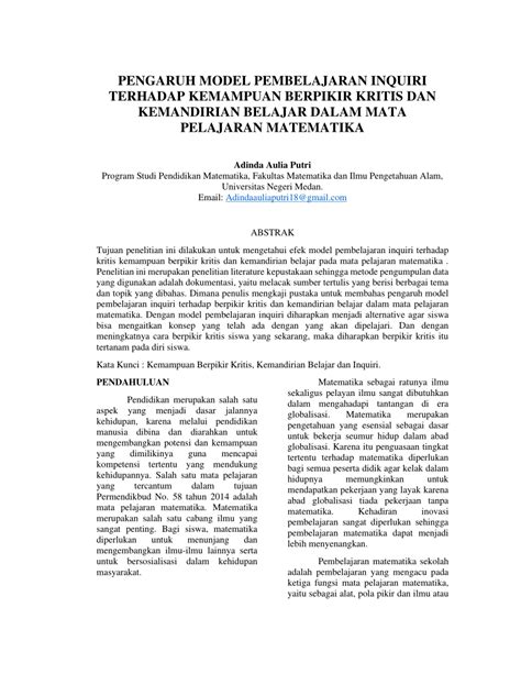 Pdf Pengaruh Model Pembelajaran Inquiri Terhadap Kemampuan Berpikir