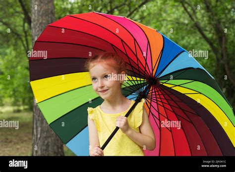 Happy Funny Girl Holding Rainbow Umbrella Cute Happy Schoolgirl