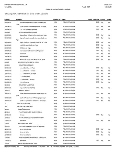 Ejemplo De Listado De Cuentas Contables Ampliado En Efactory Software