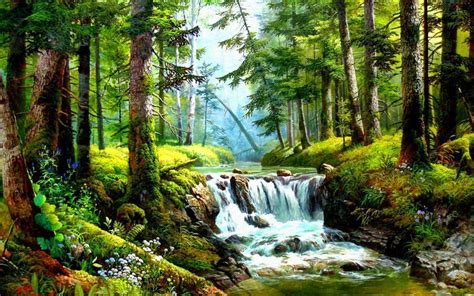 Wallpaper Waterfall Paint Nature Wallpaper