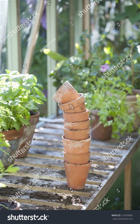 Stack Terracotta Flowerpots On Workbench Greenhouse Stock Photo