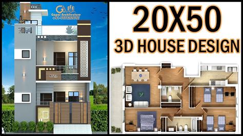 20 0x50 0 3d House Design With 2d Layout Plan 20x50 4 Bedroom 3d