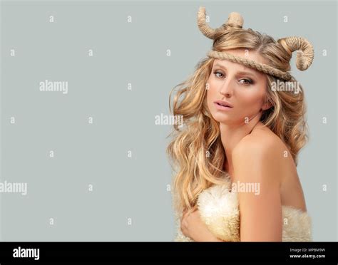 Astrology Aries Zodiac Sign Beautiful Woman With Horns Stock Photo