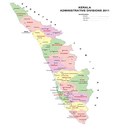 The land where one experience the freshness and warmth of nature in every corner edged by a thread of unbroken beach line, the kerala's heart is composed of intensely green paddy fields and a unique network of rivers and lagoons. File:Kerala-administrative-divisions-map-en.png ...