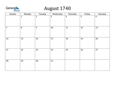August 1740 Calendar Pdf Word Excel