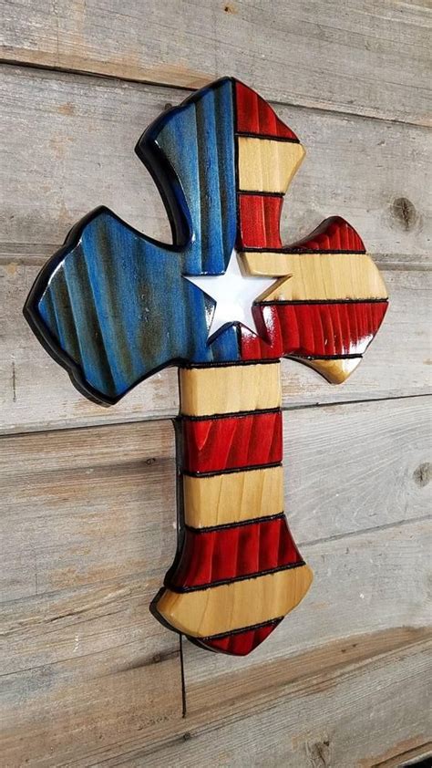 • wood, stain, polyurethane description: American flag, wooden cross, stained glass star, Christian ...