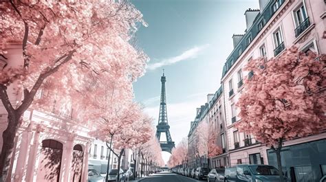 Eiffel Tower In Paris With Pink Trees Background Paris Filter Picture