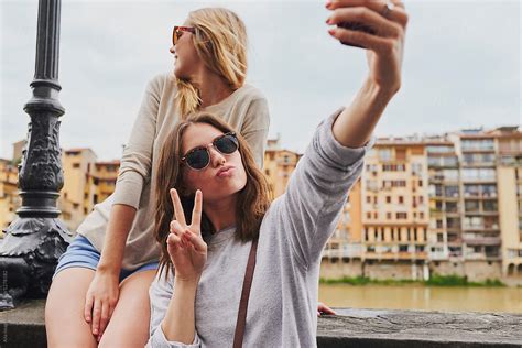 Beautiful Girl Friends Travel Taking Selfies Peace Sign Camera P By