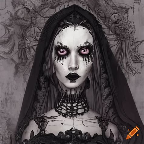 Gothic Art Of A Dark Bride Surrounded By Intricate Details