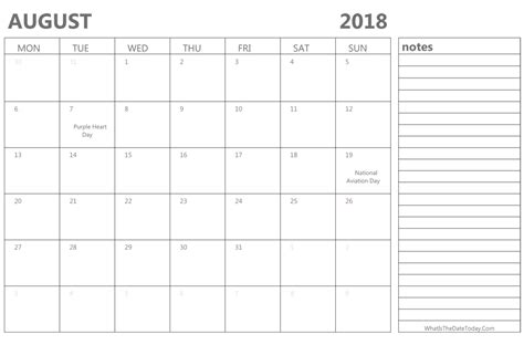 Editable August 2018 Calendar With Holidays And Notes