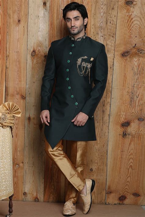 Buy Indo Western Sherwani In Dark Green Colour Online Mstv00168