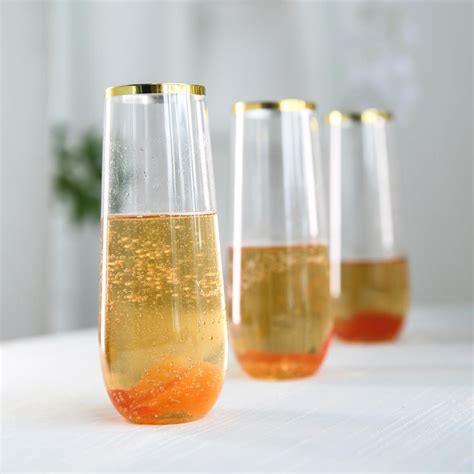 9 Oz Clear Disposable Stemless Champagne Flutes With Gold Rim Cylinder Glass Efavormart