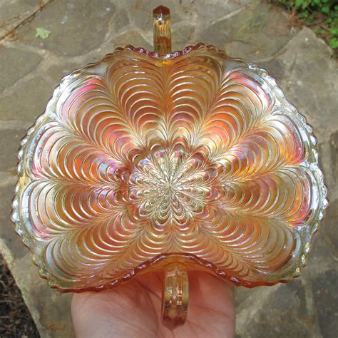 Antique Fenton Peacock Tail Marigold Carnival Glass Bonbon Card Tray Carnival Glass