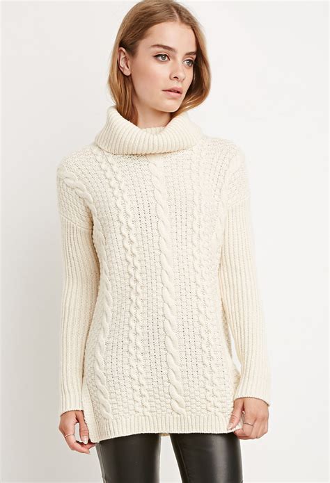 Forever 21 Longline Turtleneck Sweater In Beige Cream