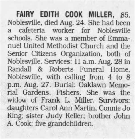 Obituary For Edith Cook Fairy Miller Aged 85