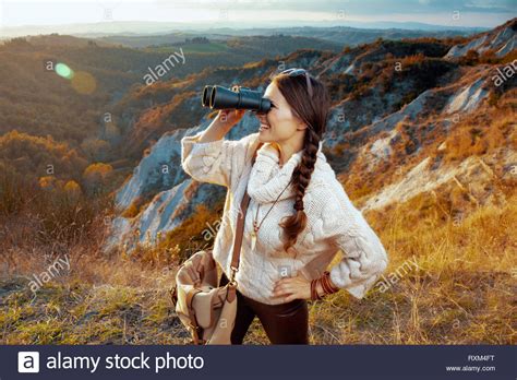 Smiling Healthy Woman Hiker In Hiking Clothes With Bag In Tuscany