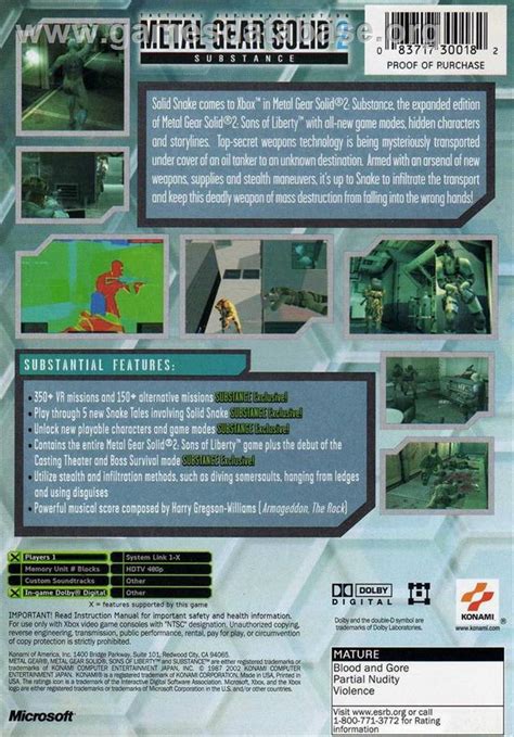 Metal Gear Solid 2 Substance Microsoft Xbox Artwork Box Back