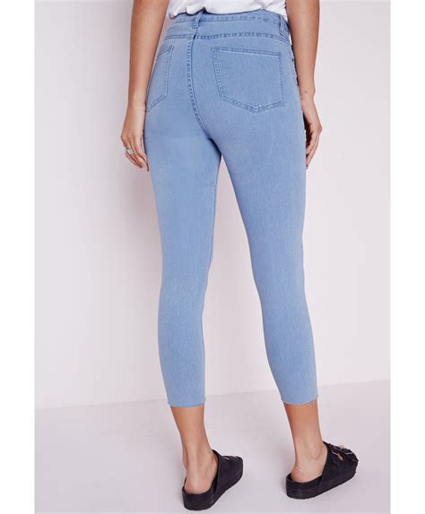 Missguided Cropped High Waist Raw Hem Skinny Jeans In Blue Lyst