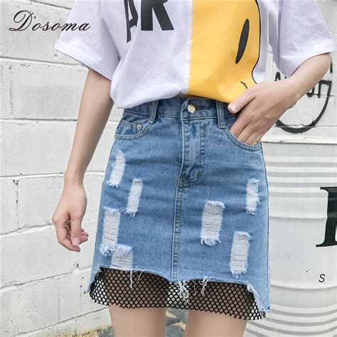 Dosoma Ripped Hole Jean Skirts For Women High Waist Sexy Denim Mini Skirt Female Packet Hip Mesh