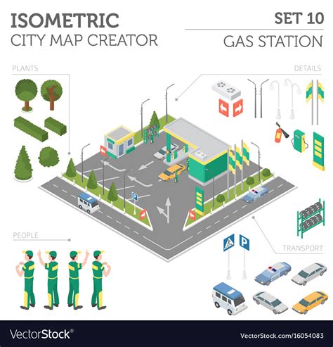 Flat 3d Isometric Gas Station And City Map Vector Image