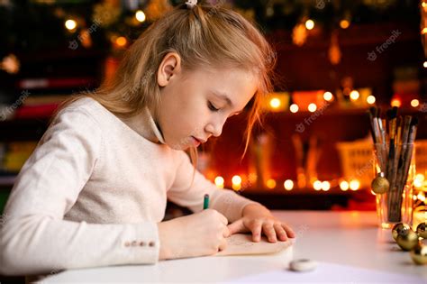 Adorable Niña Está Escribiendo Una Carta A Santa Klaus Sentada En La