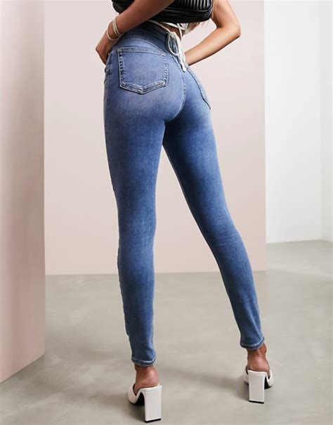 Asos Design Ridley High Waist Skinny Jeans In Pretty Mid Stonewash Blue
