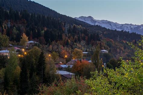 Evening Panoramic View Of Mestia Village In Svaneti And Mountain Peaks