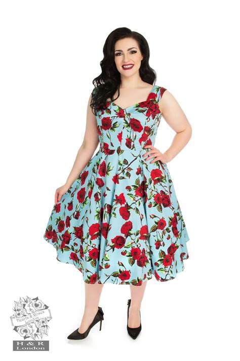 50s Ditsy Rose Floral Summer Dress In Blue Hearts And Roses London